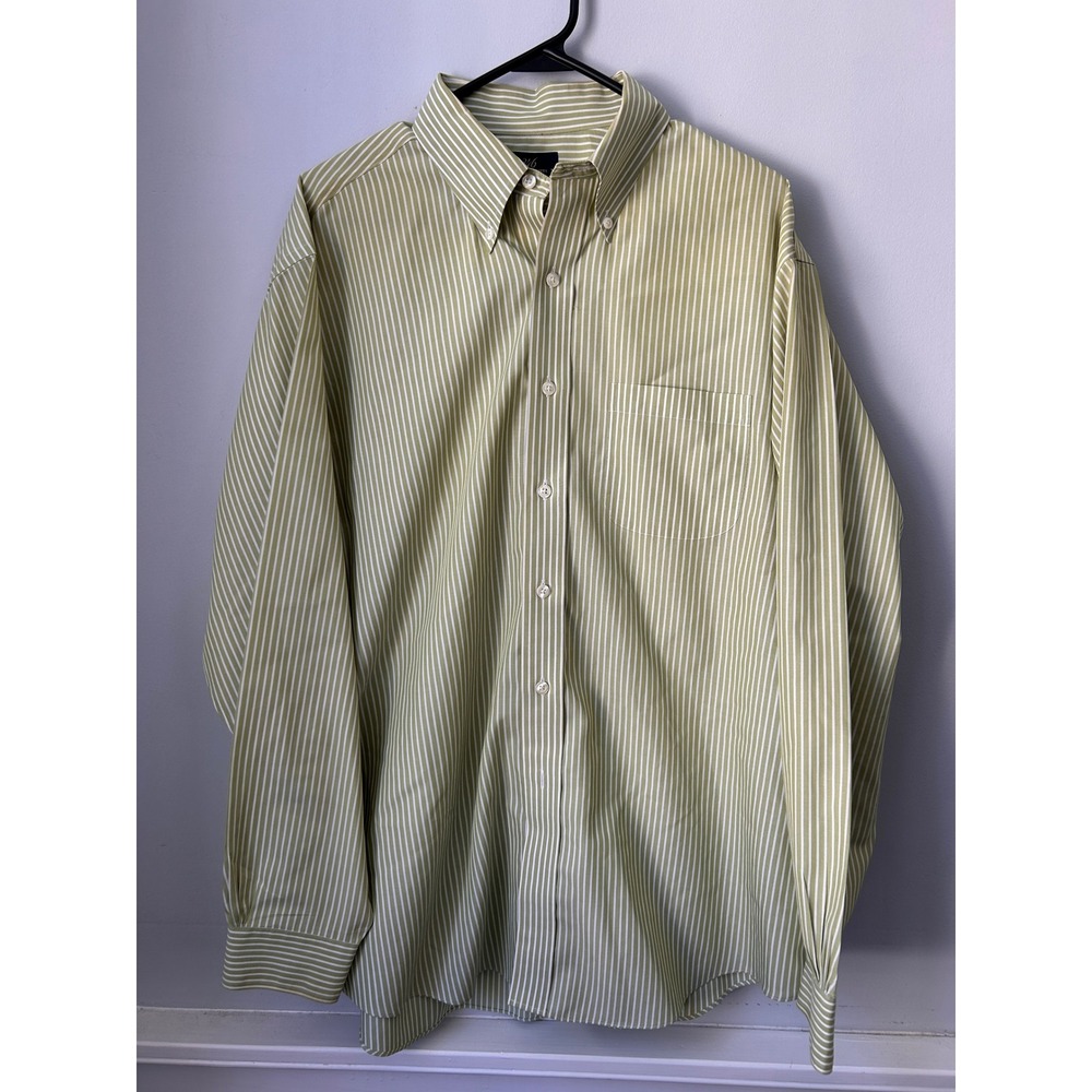 Brooks Brothers 346 Mens Large Green White Striped Non-Iron Cotton Button Down